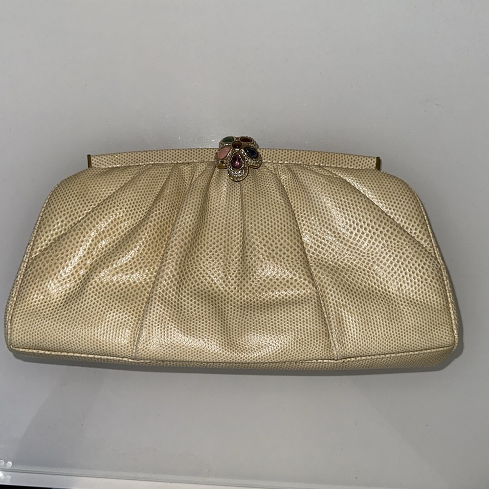 Judith Leiber Vintage Beige Lizard Clutch w/ Strap